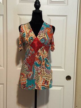 Vintage Slinky Brand Teal, Red & Orange Paisley Cold-Shoulder V-Neck Tunic